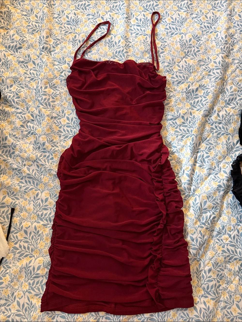 Ruched Burgundy Spaghetti Strap Mini Dress